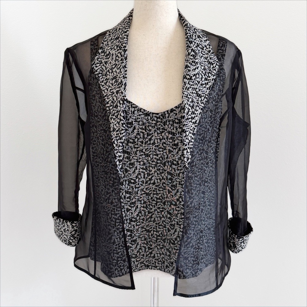 VTG Alex Evenings Kimono + Top Set Womens Large Black Whimsigoth Sheer Glitter